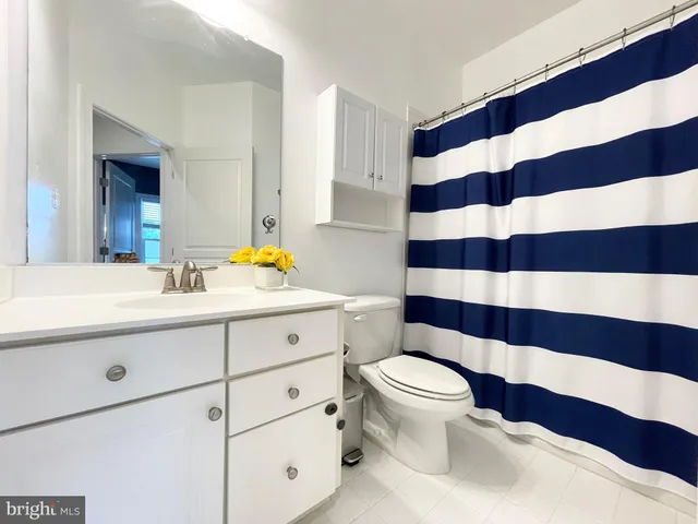 a bathroom with a sink a toilet a mirror and shower curtain