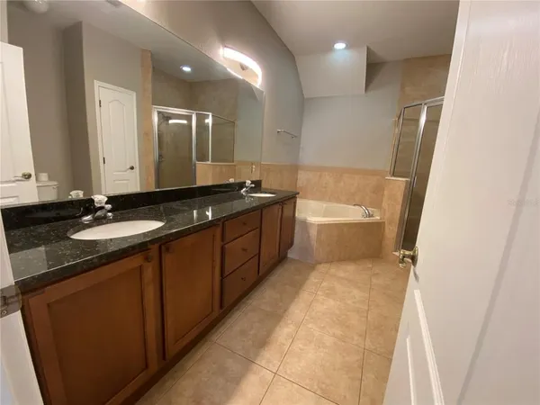 a spacious bathroom with a sink double vanity granite tub shower and a mirror