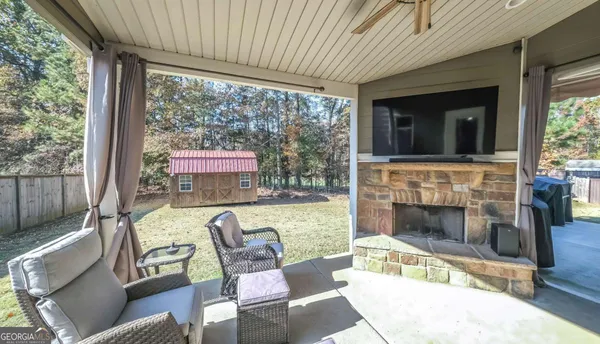 a building outdoor space with patio furniture