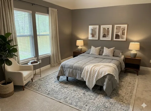 a living room with furniture and a dining table with wooden floor