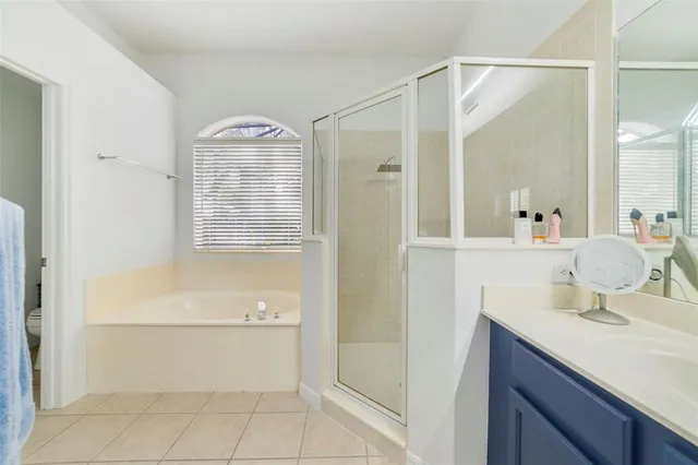 a bathroom with a bathtub sink vanity and mirror