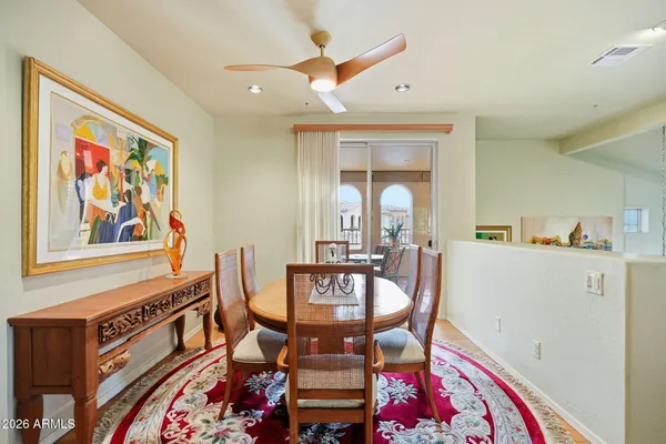 a view of a dining room with furniture
