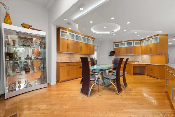 a view of a dining room with furniture