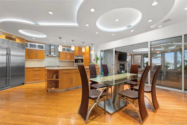 a view of a dining room with furniture