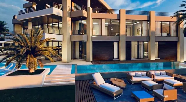 a view of a brick house with many windows