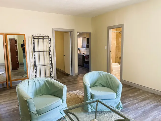 a living room with furniture and a wooden floor