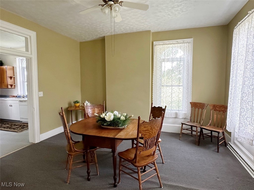 1241 Apollo Road Southeast Carrollton, OH 44615 - Photo 24 of 33 Carpeted dining room featuring ceiling fan and a textured ceiling