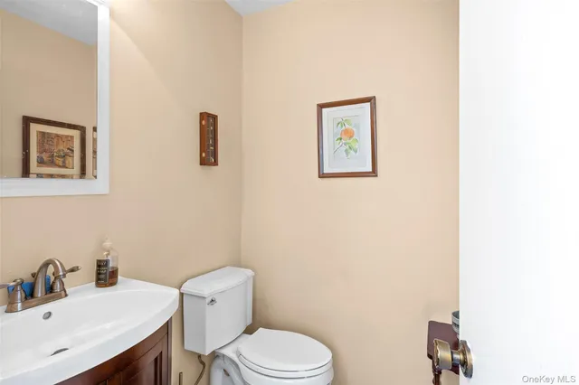 a bathroom with a toilet sink vanity and mirror