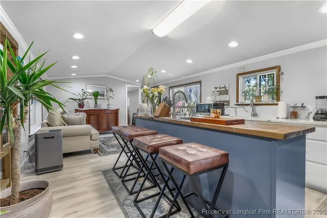 a living room with kitchen island furniture and a potted plant