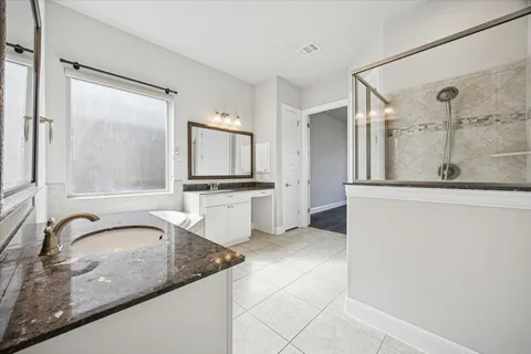 a bathroom with a granite countertop sink mirror and shower