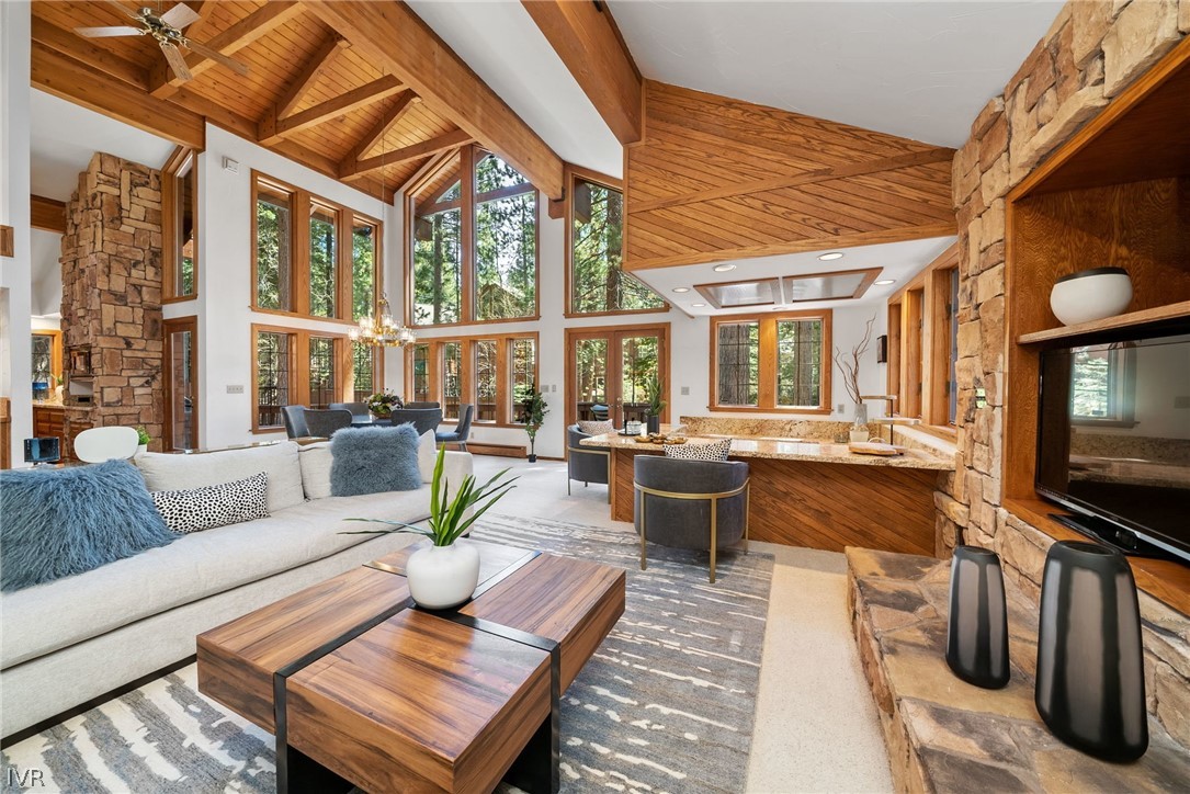 a living room with fireplace furniture and a flat screen tv