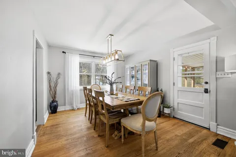 a view of a dining room with furniture and window