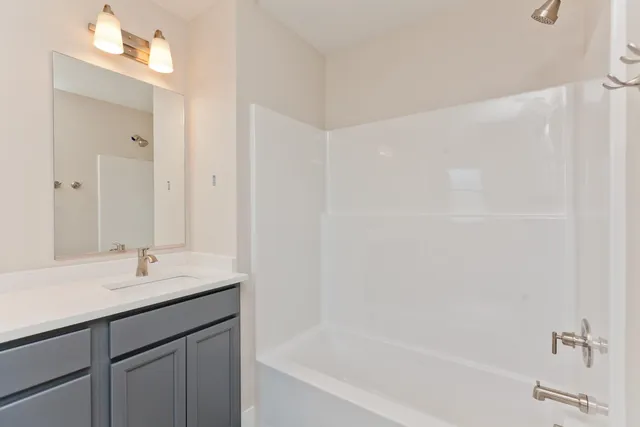 a bathroom with a bathtub sink vanity and a mirror