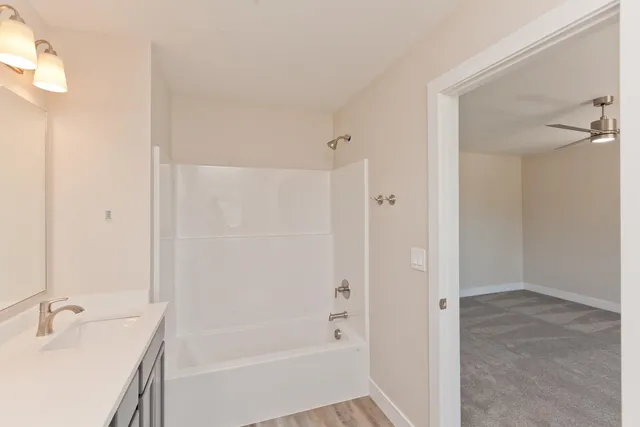 a bathroom with a tub shower vanity and a sink