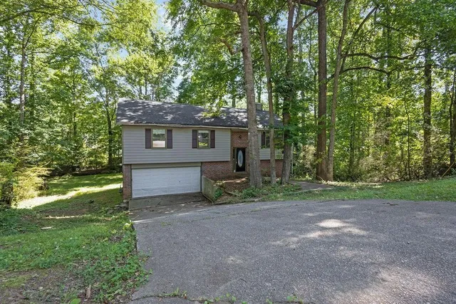 a view of a house with a yard and large trees