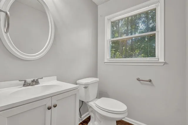 a bathroom with a toilet a sink and a mirror