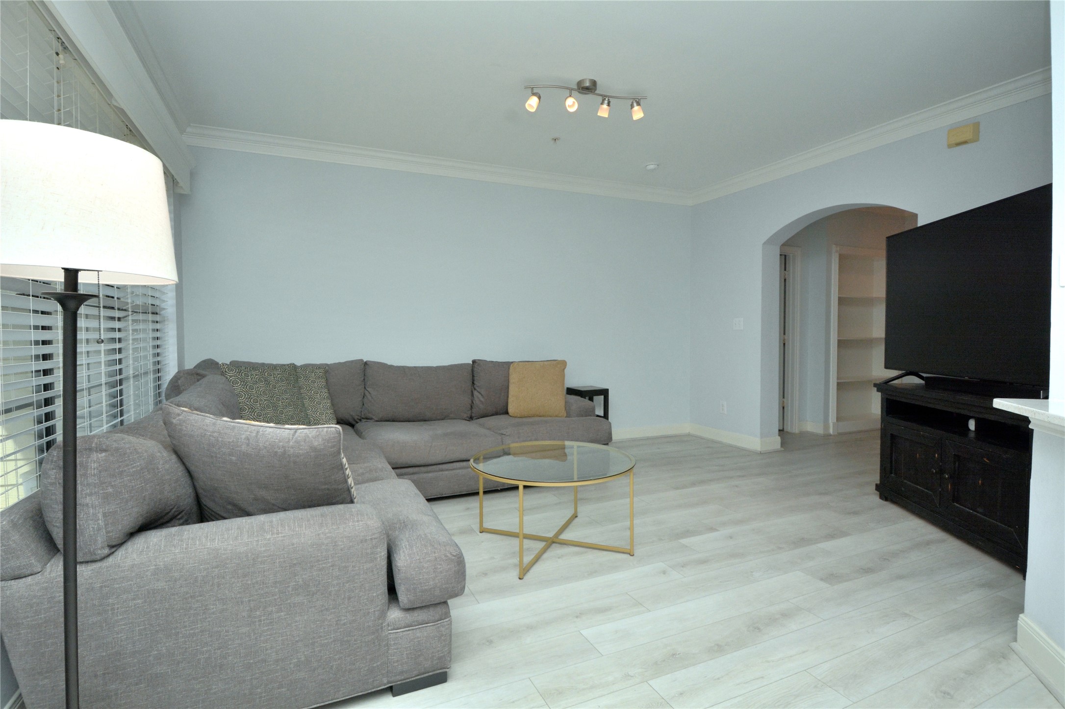 7701 Rialto Boulevard, Unit 124 Austin, TX 78735 - Photo 3 of 23 Spacious living area featuring light wood-finish flooring and crown molding