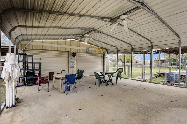 an outdoor space with furniture