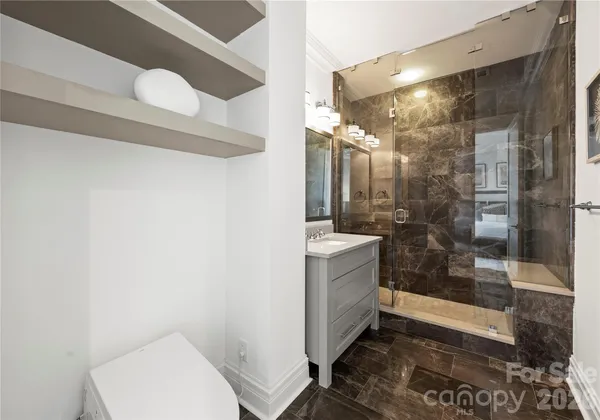 a bathroom with a shower and a toilet