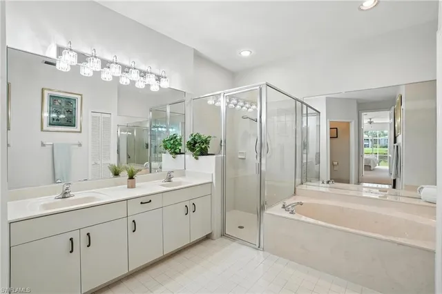 a bathroom with a double vanity sink a large mirror a shower and a bathtub