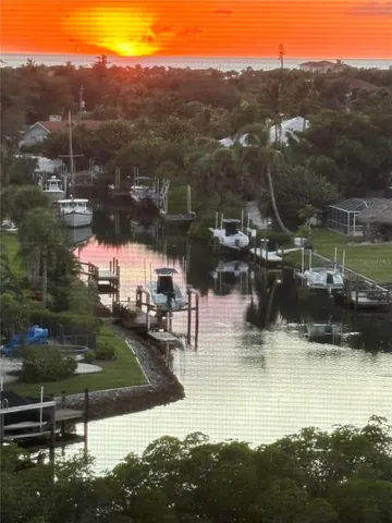 a view of a lake in middle of the town