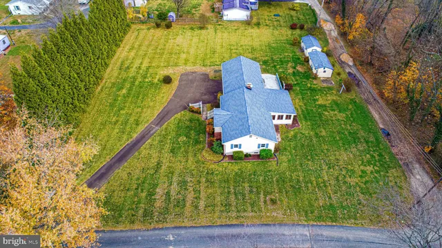 a aerial view of a house with swimming pool and large trees