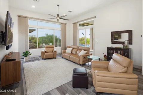 an outdoor space with furniture