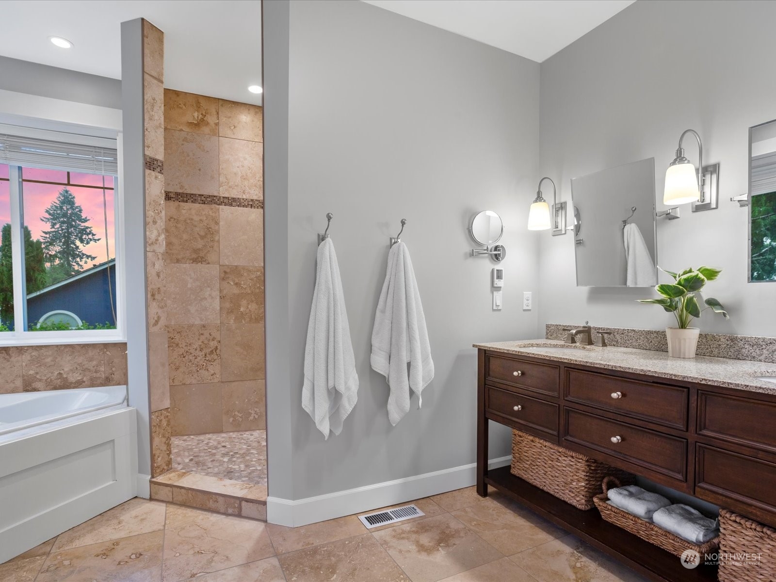 816 13th Street Snohomish, WA 98290 - Photo 24 of 34 a bathroom with a granite countertop sink a mirror and a shower