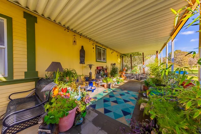 a view of a patio with table and chairs potted plants