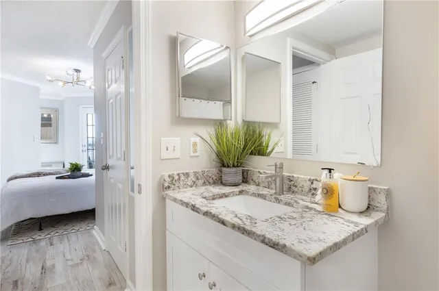 a view of a balcony with wooden floor