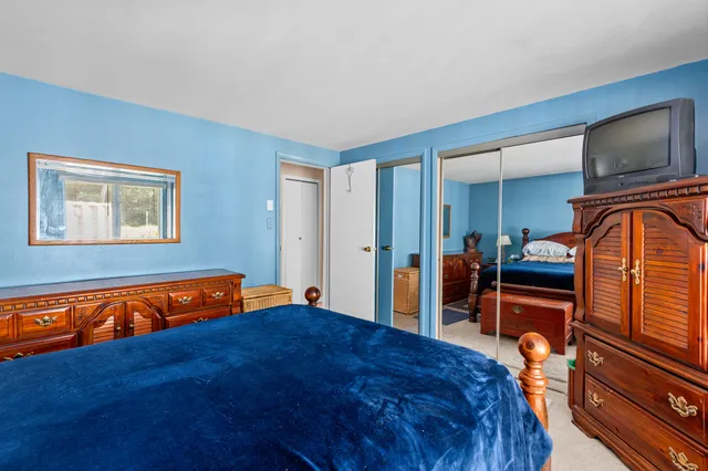 a bedroom with a bed and a television