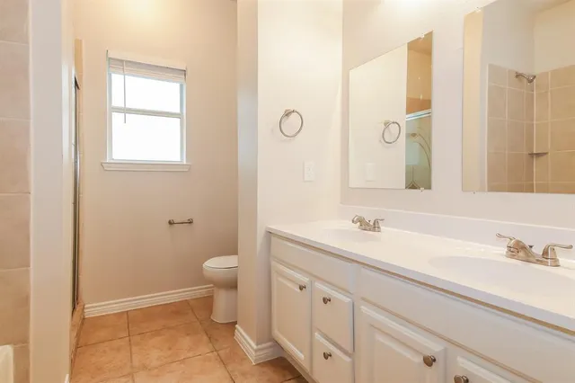 a bathroom with a double vanity sink toilet and a mirror