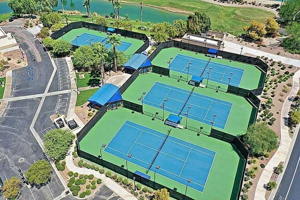 an aerial view of a house with a garden