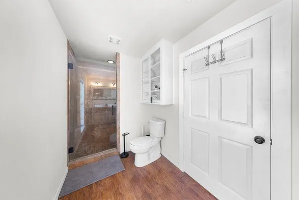 a bathroom with a shower and a toilet