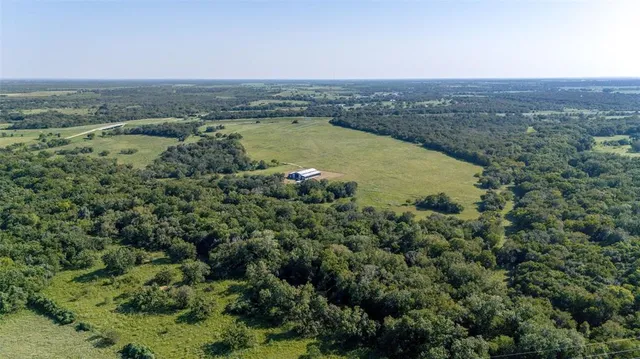an aerial view of a residential houses with outdoor space and trees