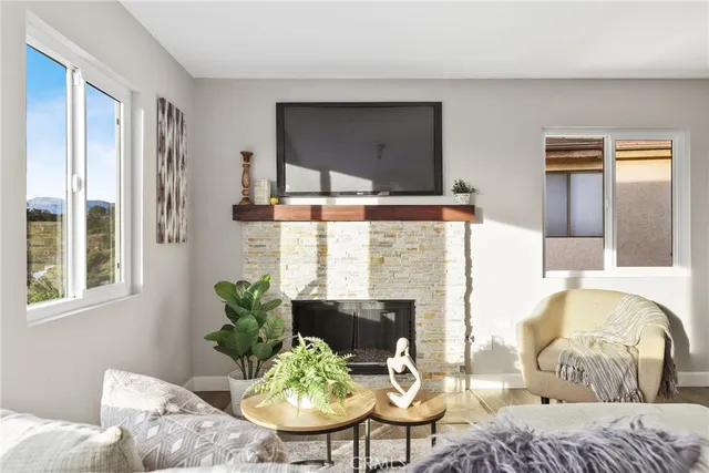 a living room with furniture and a potted plant