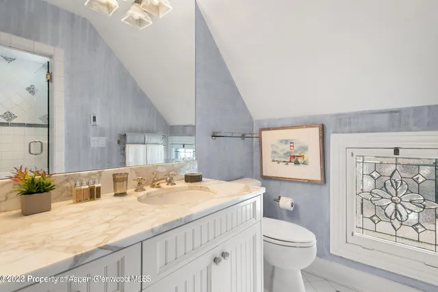 a bathroom with a sink a toilet and a shower