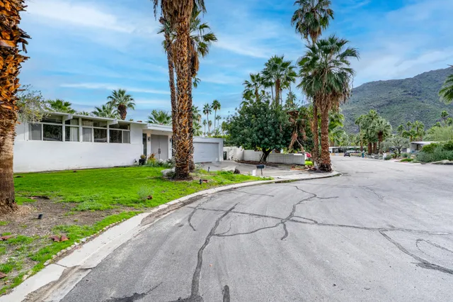 a view of a house with palm trees and a small yard