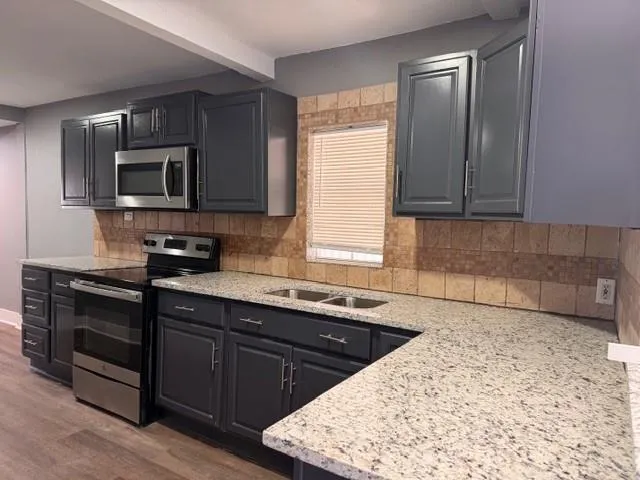 a kitchen with stainless steel appliances granite countertop a stove a sink and a microwave