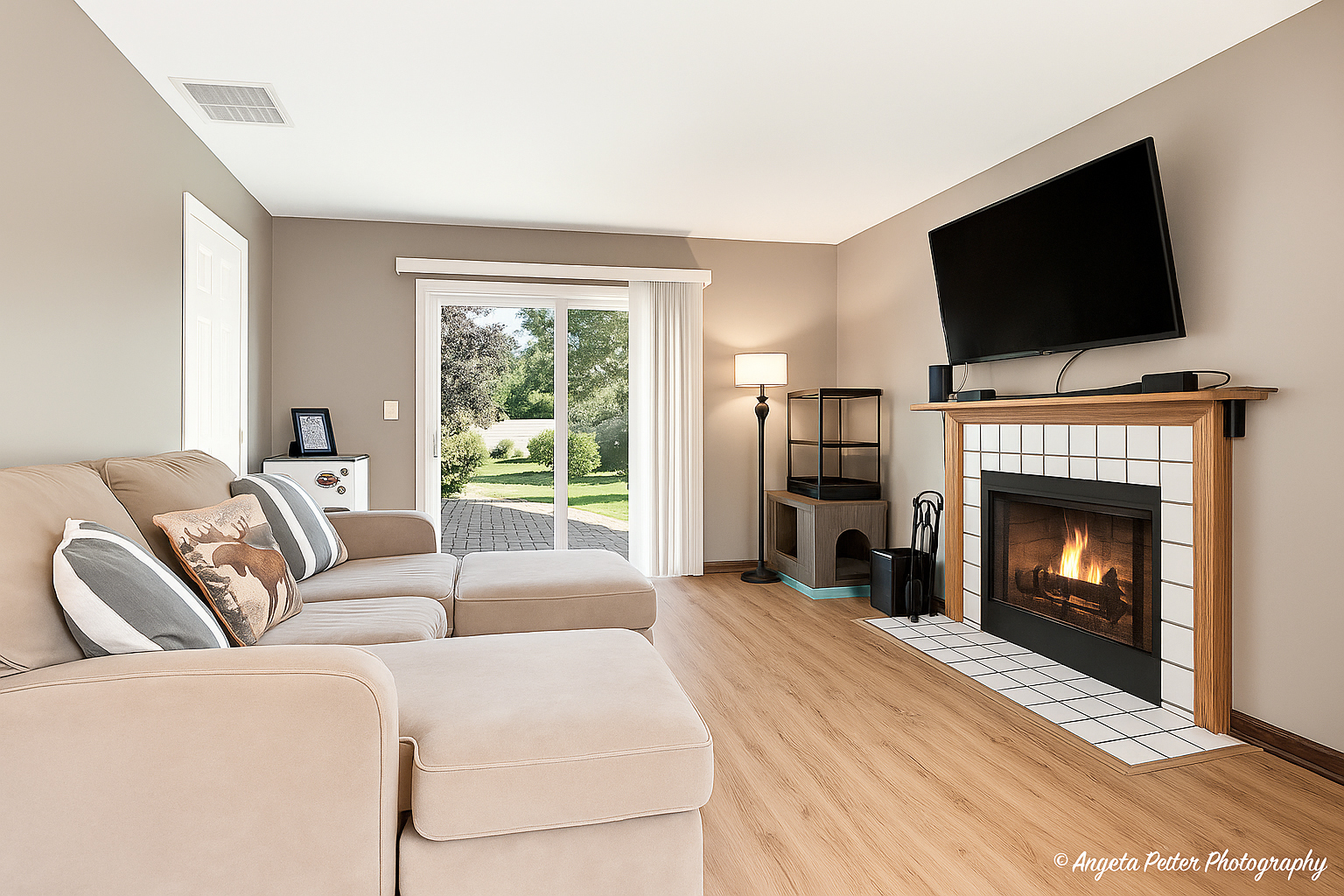 2019 Aspen Drive Woodstock, IL 60098 - Photo 23 of 31 a living room with furniture a flat screen tv and a fireplace