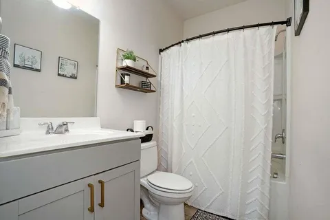 a bathroom with a sink a toilet and shower curtain