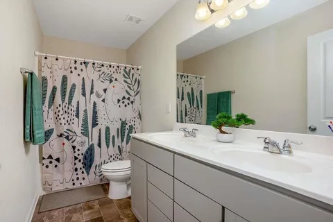 a bathroom with double vanity sink toilet and shower