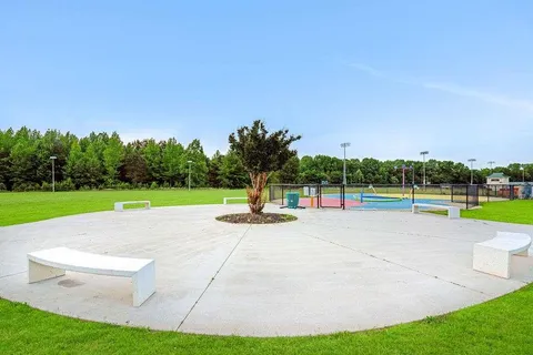 a view of a garden with a tree in the background
