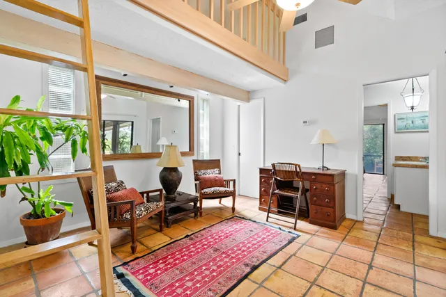 a view of a park with large trees