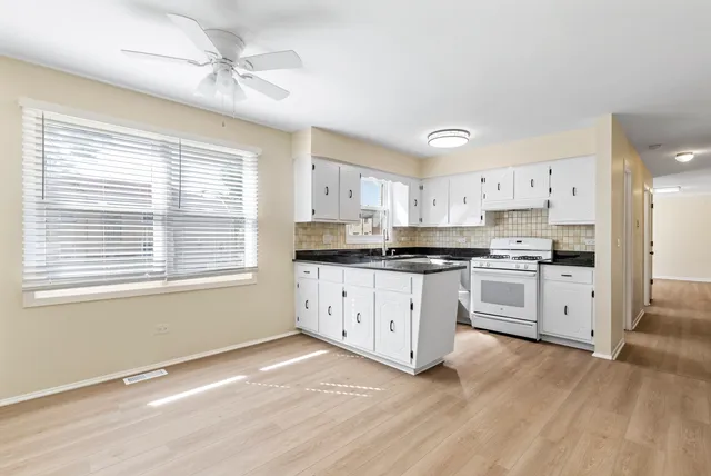 a kitchen with granite countertop white cabinets and stainless steel appliances