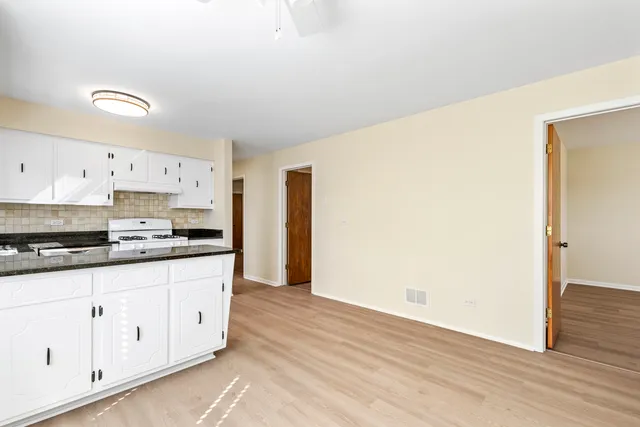 a large kitchen with cabinets and wooden floor