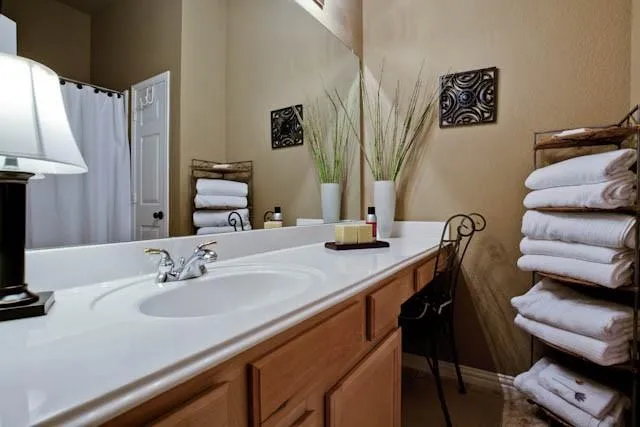 a bathroom with a sink and a mirror