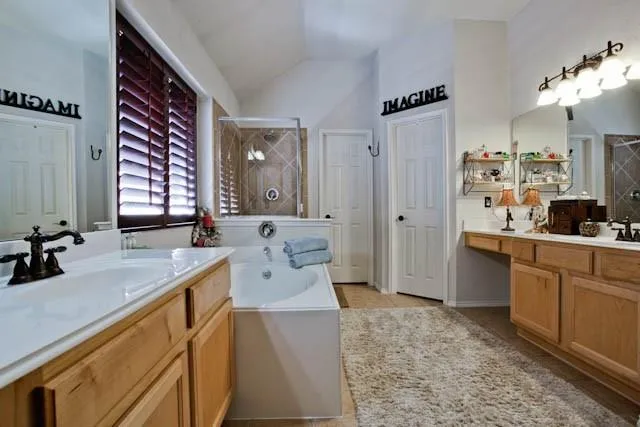 a bathroom with a sink a large mirror and a shower