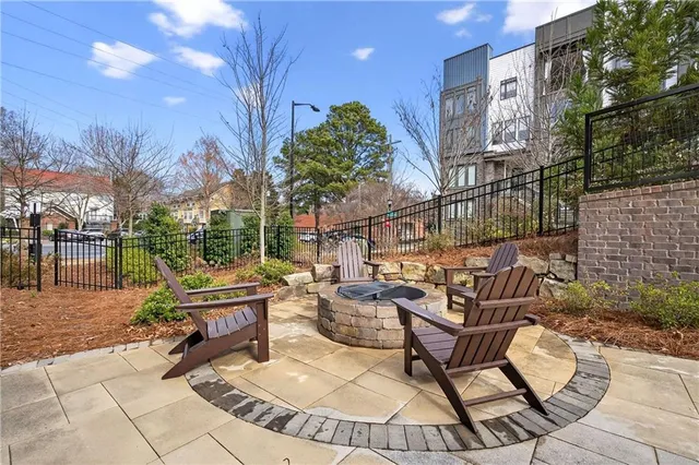 a building outdoor space with patio furniture