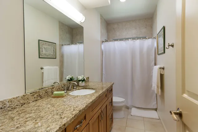 a bathroom with a granite countertop sink toilet and shower